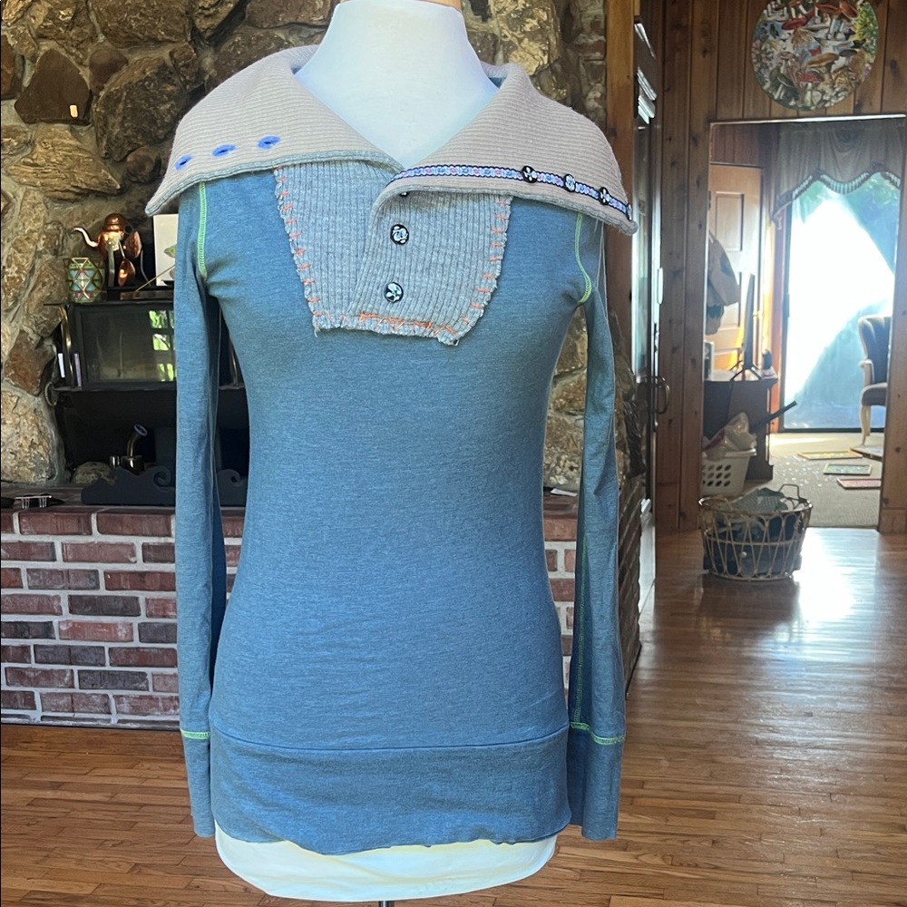 Free People Blue and Cream Cowl Neck Sweater - Picture 1 of 11